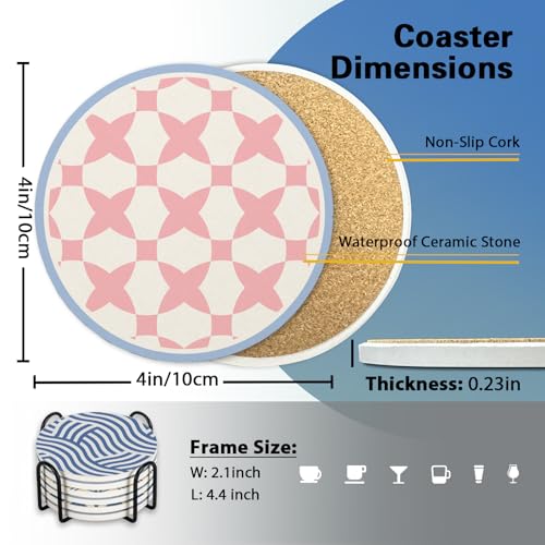 Pink Blue Geometric Ceramic Coasters with Holder Set of 6 | Modern Abstract Art Absorbent Drink Cup Mat for Coffee Table Protection, 4'' Minimalist Home Kitchen Decor Housewarming Gifts