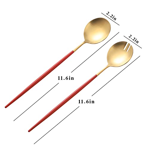Salad Servers,Spoon and Fork Set 11.41 inch,18/10 Stainless Steel Salad Serving Titanium Plating (Red gold) - color: Red/Gold