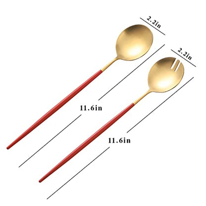 Salad Servers,Spoon and Fork Set 11.41 inch,18/10 Stainless Steel Salad Serving Titanium Plating (Red gold) - color: Red/Gold