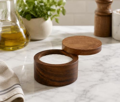 Acacia Wood Salt cellar bowl Box with Swivel Lid – Wooden Salt box for Kitchen Countertop, Salt Keeper for Cooking, Spices & Seasonings