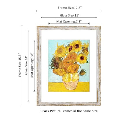 Rustic Distressed Retro Style White Frame 11x14 Picture Frame Set of 6 with Real Glass for Pictures 8x10 with Mat or 11x14 Without Mat, Wall Gallery or Tabletop display - size: 11x14(set of 6)