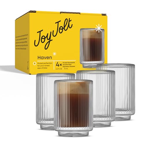 JoyJolt Haven Fluted Stackable Espresso Cups Set of 4, 2.5oz Ribbed Double Wall Glasses, Stacking Insulated Coffee Cup Set, Small Glass Coffee Cups for Espresso Machine Accessories - style: Espresso Glasses