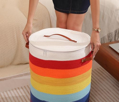 16"x20" Extra Large Cotton Rope Basket with Zipper Lid, Woven Laundry Hamper and Blanket Storage Basket, Round Clothes Bin for Living Room Bedroom, Rainbow & White - color: Rainbow/White