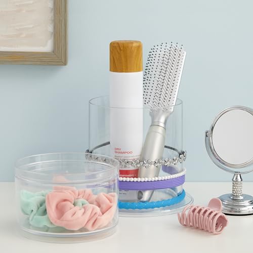 STORi Bella Stackable Clear Plastic Hair Accessory Organizer Set | Round Headband and Hairbrush Holder Stacks on The Storage Containers with Tray Lid | Made in USA - style: Headband Holder w/ Compartment