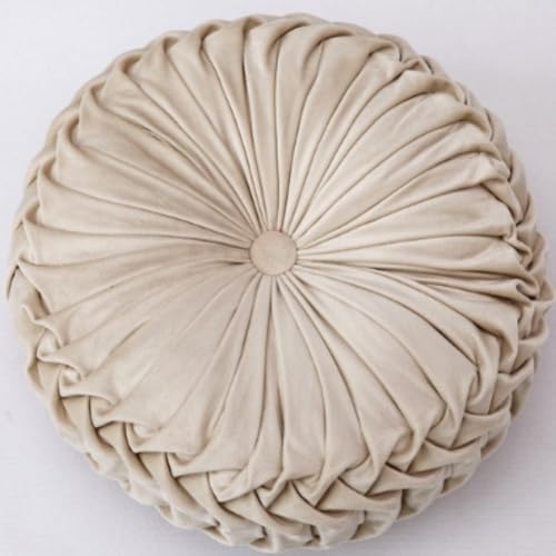 OUKEYI 13.8 inch Round Sofa Cushion Pure Color Velvet Pillow, Pleated Round Cushion, Pumpkin Pillow Suitable for Home Bed car Decoration (Beige) - color: Beige