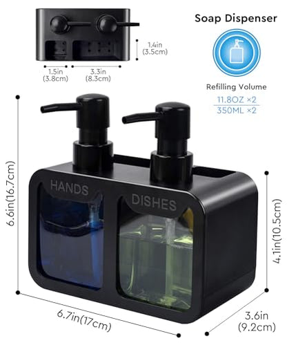 Kitchen Hand Soap and Dish Soap Dispenser Set, Dual Soap Dispenser with Sponge Caddy and Brush Holder 4-in-1 Organizer for Kitchen Sink Countertop, Useful Kitchen Gadgets - Black - color: Black