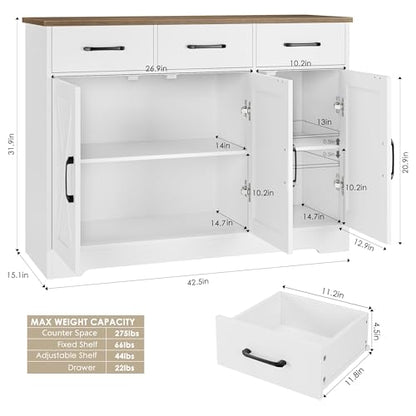 HOSTACK Kitchen Buffet Cabinet with Storage, Sideboard Coffee Bar, White | Farmhouse Kitchen Storage Cabinet with 3 Drawers & Adjustable Shelf, 42.5"W Buffet Table for Dining Living Room - color: White