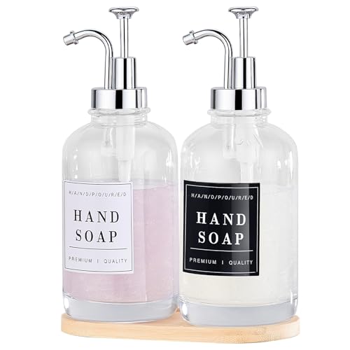 Dish and Hand Soap Dispenser, Set of 2 * 16.9oz | Glass Soap Dispenser with Pump,Tray,Funnel,500ML Countertop Soap and Lotion Dispenser for Kitchen, Bathroom Set - color: Ks-5010-34y-2s