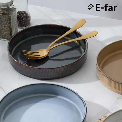 E-far Pasta Bowls Set of 4, 35oz Large Salad Bowl Plate for Dinner Serving Soup, Wide & Shallow Ceramic Stoneware Pasta Plates, Microwave & Dishwasher Safe, Reactive Glaze Textured Stripes, Multicolor - color: Multicolor