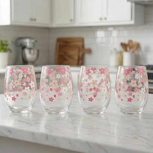 Hand Blown Etched Stemless Wine Glasses 19oz, Set of 4, Everyday Drinking Glasses, Large capacity, Unique Gifts for Him Her for Birthday, Wedding, Anniversary (Clear With Cherry Blossoms) - color: Clear With Cherry Blossoms
