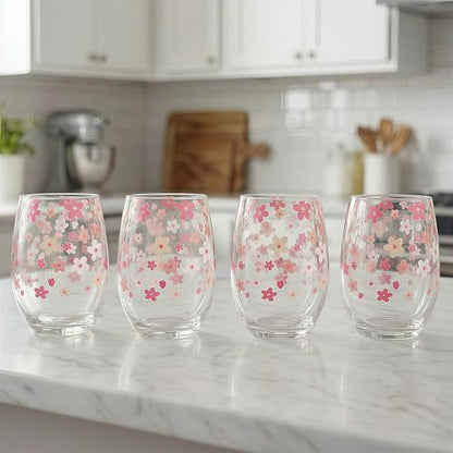 Hand Blown Etched Stemless Wine Glasses 19oz, Set of 4, Everyday Drinking Glasses, Large capacity, Unique Gifts for Him Her for Birthday, Wedding, Anniversary (Clear With Cherry Blossoms) - color: Clear With Cherry Blossoms