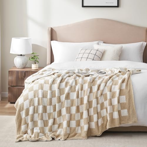 Snuggle Sac Checkered Bedding Blanket Twin Size 60x80, Super Soft, Cozy Warm Knit Blankets, Reversible Breathable Lightweight Fluffy Throws for Sofa, Bed, Checkered Beige, 60x80 Inches - color: Checkered Beige, size: Twin(60"x 80")