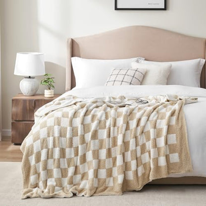 Snuggle Sac Checkered Bedding Blanket Twin Size 60x80, Super Soft, Cozy Warm Knit Blankets, Reversible Breathable Lightweight Fluffy Throws for Sofa, Bed, Checkered Beige, 60x80 Inches - color: Checkered Beige, size: Twin(60"x 80")