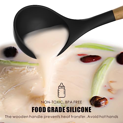 oannao Silicone Cooking Utensils Set - 446°F Heat Resistant Silicone Kitchen Utensils for Cooking,Kitchen Utensil Spatula Set w Wooden Handles, BPA FREE Gadgets for Non-Stick Cookware (Black) - color: Black