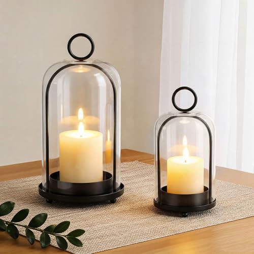 Metal Candle Holder, 5"&4" Wide Hurricane Glass Candle Holders with Handmade Glass Dome, Hanging Candle Lantern for Pillar Candles, Table Coffee Decor, Interior Decoration (Not Included Candles) - color: Black