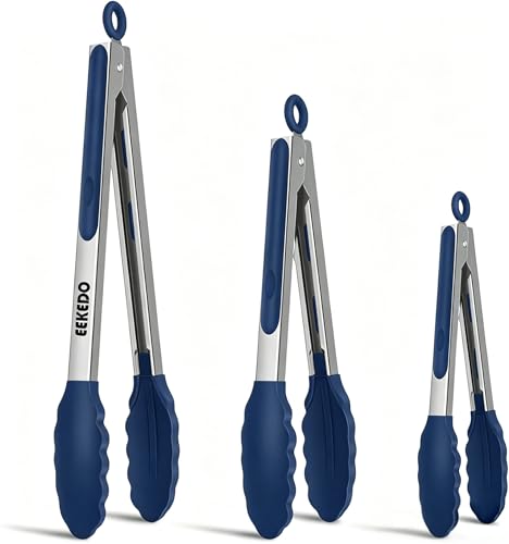 Silicone Tongs for Cooking Non-Stick Pans Grilling Air Fryer Salad | 600°F Heat-Resistant Kitchen Tongs with Silicone Tips, Dishwasher Safe, Non-Scratch, Locking Mechanism, 7" 9" & 12" Navy Blue - color: Classic Blue, size: 7 + 9 + 12 inches