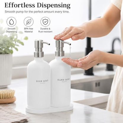 Glass Soap Dispenser - Dish Soap Dispenser for Kitchen and Hand Soap Dispenser Set, Bathroom Soap Dispenser with 304 Rust Proof Pump, Soap Dispenser for Kitchen with Tray, White Bottle/Silver Pump - color: White Bottle/Brushed Silver Pump + Tray + Funnel