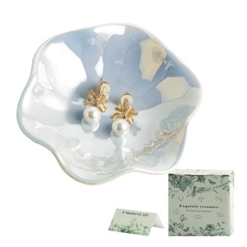 Iridescent Blue Jewelry Dish Tray, Pearlescent Glaze Ring Dish, Ceramic Trinket Tray, Key Bowl, Aesthetic Nightstand Bathroom Room Decor Mothers Day Friendship Christmas Birthday Gifts for Women - color: iridescent blue