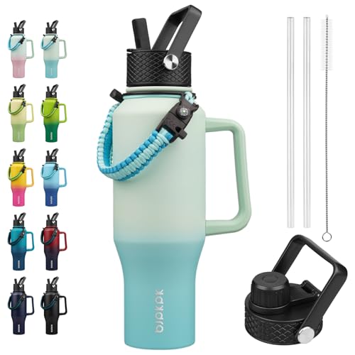 BJPKPK 35oz Insulated Water Bottle with Handle & Straw Lid, Stainless Steel | Vacuum Insulated with Straw Lid & Spout Lid, Paracord Strap, Keep Cold & Hot, Leak-Proof, BPA-Free, for Gym, Hiking, Travel - color: Mint, style: 35oz-Side Handle