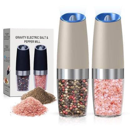 Battery Operated Salt And Pepper Grinder Set 2 Pack (Khaki) | Gravity-Activated Automatic Grinder With Led Light & Adjustable Coarseness, Each Uses 6 Aaa Batteries,Kitchen Daily Seasoning - color: Battery/2pcs/Khaki