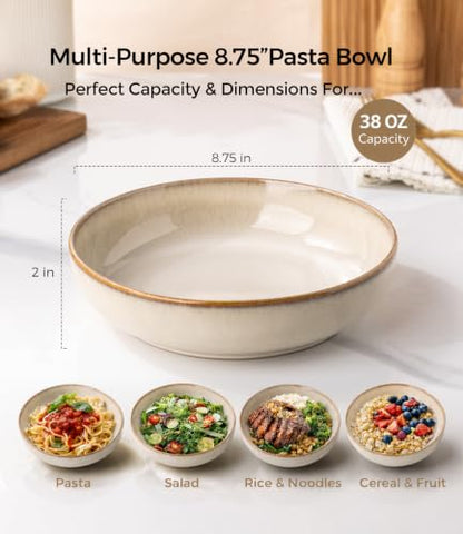GBhome 8.75'' Large Pasta Bowls, 38oz Stoneware Pasta Serving Bowls Set of 4 - color: Almond Cream