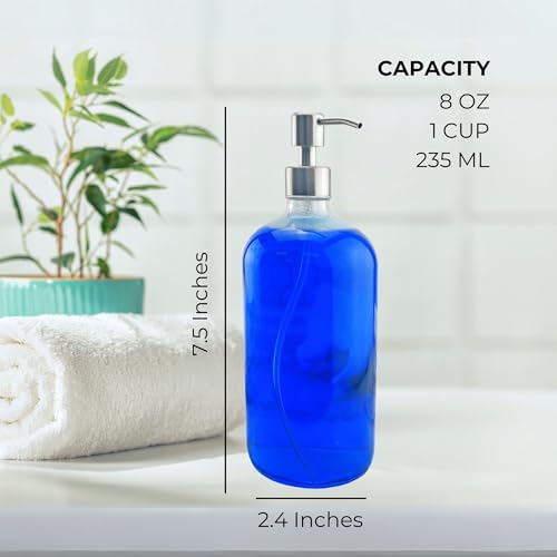 Cornucopia Brands 8-Ounce Clear Glass Boston Round Bottles w/Stainless Steel Lotion Pumps (8-Pack); Empty Refillable Liquid Soap & Lotion Bottles - size: 4 Count (Pack of 2)
