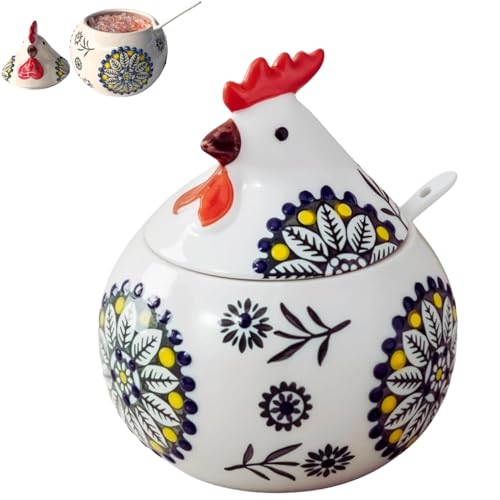 Ceramic Salt Cellar with Lid and Spoon – 13.5oz Salt Holder, Salt Containers for Countertop, Chicken Salt Dish with Lid, Farmhouse Kitchen Decor, Sugar & Spice Container, Old Country Kitchenware - color: Green