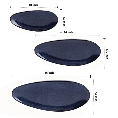 vicrays Large Oval Serving Platters, 16"/14"/10" Porcelain Serving Platters for Party, BBQ,Stackable Serving Trays Serving Plates for Appetizers, Sushi, Restaurant, Dessert, Set of 3 (Blue) - color: Blue