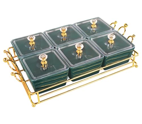 YA JU Ceramic Bowls and with Lid Gold Basket Trays, 6 Removable Small Bowls Condiment Trays Nut Serving Set for Snacks, Fruits, Candy and Condiments - Great for Parties, Holiday Gifts, Green - color: Green 6 Removable snack Bowls
