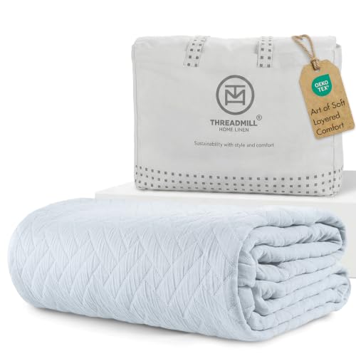 Threadmill Cotton Queen Coverlet Blanket, Jacquard, Light Blue, 90x92 | 100% Cotton, Jacquard Pattern, 90x92 in, Breathable, All-Season, Lightweight, OEKO-TEX Certified, Machine Washable - color: Classic Light Blue, size: Queen / Full