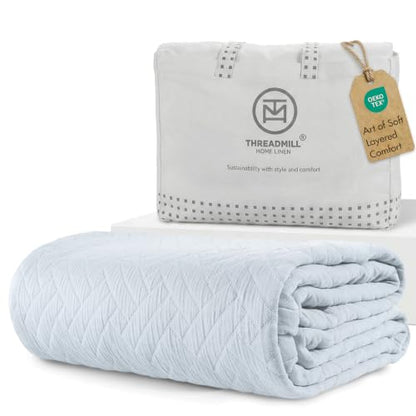 Threadmill Cotton Queen Coverlet Blanket, Jacquard, Light Blue, 90x92 | 100% Cotton, Jacquard Pattern, 90x92 in, Breathable, All-Season, Lightweight, OEKO-TEX Certified, Machine Washable - color: Classic Light Blue, size: Queen / Full