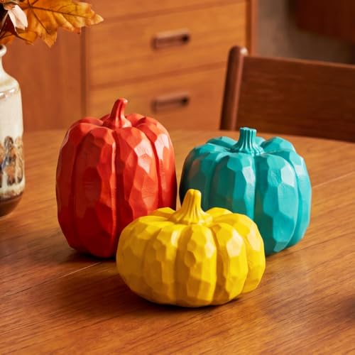 AceOrbit 3pcs Mid Century Modern Decor Fall Pumpkin Table Decor Medieval Resin Pumpkins for Fall Thanksgiving Home Tabletop, Shelf, Mantelpiece Centerpiece Autumn Harvest Party Decorations - style: Pumpkin