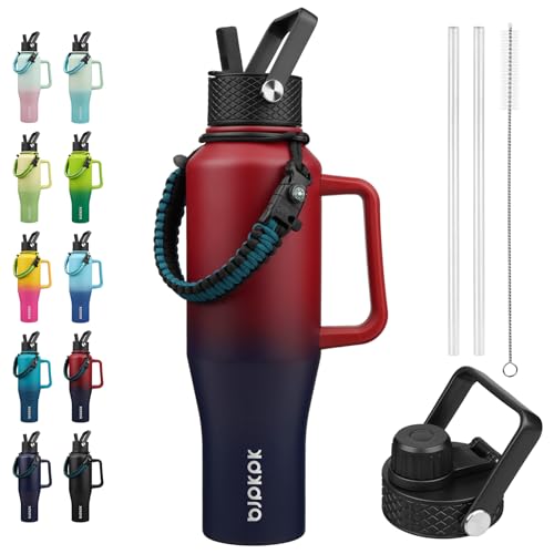 BJPKPK 40oz Insulated Water Bottle with Handle & Straw Lid, Stainless Steel | Vacuum Insulated with Straw Lid & Spout Lid, Paracord Strap, Keep Cold & Hot, Leak-Proof, BPA-Free, for Gym, Hiking, Travel - color: Charming Red, style: 40oz-Side Handle