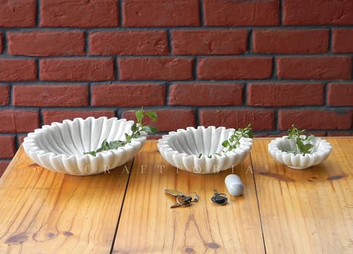 White Marble Ruffle Bowl – Handcrafted Decorative Scalloped Edge Marble Bowls – Fluted Stone Centerpiece for Table, Kitchen, Entryway – 12 Inch Natural Stone - size: 12 inches