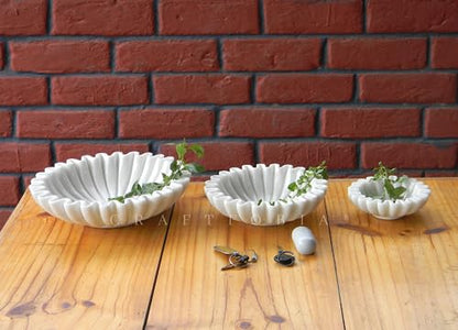 White Marble Ruffle Bowl – Handcrafted Decorative Scalloped Edge Marble Bowls – Fluted Stone Centerpiece for Table, Kitchen, Entryway – 12 Inch Natural Stone - size: 12 inches