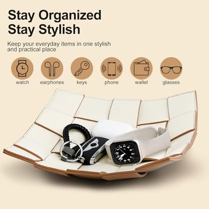 Valet Tray PU Leather Key Bowl for Men Women Entryway Table Nightstand Catchall EDC Dump Tray for Wallet, Keys, Jewelry Men's Gift - Coffee & White, 9.8" L x 9.8" W x 2" H - color: Coffee + White