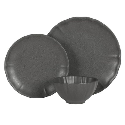 Gibson Elite Vista Rossio - Made In Portugal - 12 Piece Dinnerware Set for 4, Black Ceramic Plates and Bowls Sets, Stoneware Dishware Set with Scalloped Edge, Dinner Plates Salad Plates & Cereal Bowls - color: Black (Vista Rossio Dinnerware)
