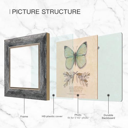 XUANLUO 5x5 Picture Frames Set of 4 Rustic Retro Photo Frame with HD Plastic Cover for Wall Mount and Tabletop Display Family Friends Wedding Gift - color: Grey-4pcs, size: 5 x 5 inch