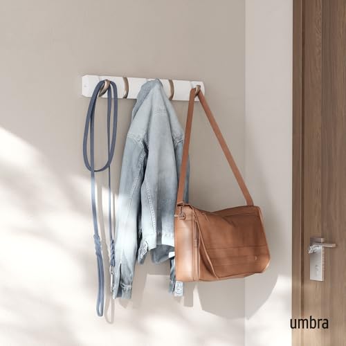 Umbra Flip Coat Rack, Wall Mounted 5-Hook Space Saving, White/Nickel | Real wood and steel build, retractable hooks fold flat, holds coats bags and scarves, easy install - color: White/Nickel, size: 5-Hook