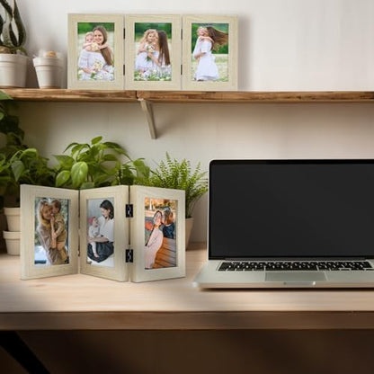 Golden State Art, 4x6 Triple Picture Frame Beige- Real Glass, 2 Pack | Trifold Photo Frame Vertical Display for Desktop - Three Folding Picture Collage - color: Beige, size: 4x6(2 Pack)