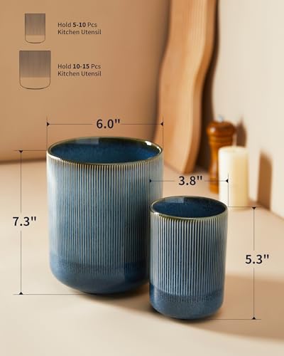 Utensil Holder, 7.3"+5.3" Ceramic Large Kitchen Utensil Holder for Countertop, Modern Spatula Holder for Counter, Kitchen Utensils Holder Utensil Crocks, Reactive Glaze Blue - color: Blue