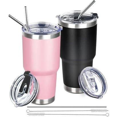 30 oz Tumbler with Lids and Straws Double Wall Vacuum Insulated Tumbler,Stainless Steel Leak-proof Tumbler Cup Powder Coated Travel Coffee Mug for Cold and Hot Drinks,Black Pink,2 pack - color: Black-Pink, size: 30 Ounces