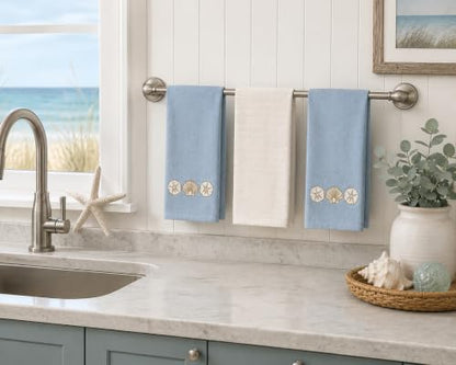 Coastal Kitchen Towels- Set of 3 Blue White 100% Cotton Embroidered Elegant Coastal Shells Gold Design - 16 x 26 Multipurpose Towels for Everyday Use - color: Coastal Shells Gold