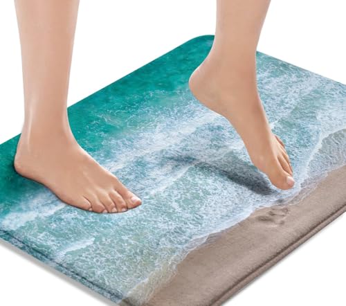 Bath Mat, Bathroom Rug, 16x24 Inch, Beach Waves | Ocean Sand Blue Washable Cover Floor Rug Carpets Floor Mat Bathroom Decorations for Kitchen Indoor - color: Blue Beach Sand Waves, size: 16" x 24" (Rectangular)