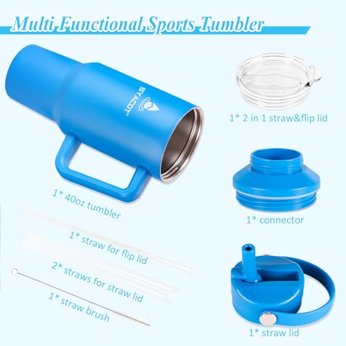 40 oz Tumbler with Handle and Straw or Convert to 40 oz Insulated Water Bottle Fits in Cup Holder. Stainless Steel Metal Water Flask with 2 Lids for Travel,Camping,Gym Sports Coffee Mug Thermal Cup - color: Cobalt