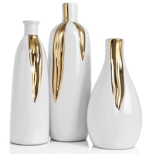 White and Gold Vase Set of 3, Modern Ceramic Decorative Vases for Living Room, Bedroom, Art Decor, Mantle, Home Event Decor, Office Decorative, Weddings, Rustic & Farmhouse (White Gold) - color: White Gold