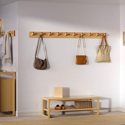 SKOLOO Wall Mounted Coat Rack 38", 10 Hooks, Bamboo, Shaker Style, Natural | Wood wall hooks, painted finish, 100-lb cap, entry/bath/bed, hanging backpack coat towel hat, long pegs, 16" stud spacing - color: Bamboo Gold, size: 38 inch