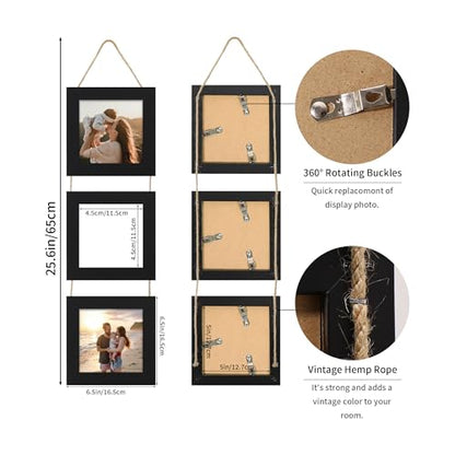 5x5 Collage Picture Frames Set of 2, Rustic Wooden Real Glass Vertical Hanging 3 Opening 5 by 5 Photo Frame, Black - color: Black, size: Vertical-5x5 in
