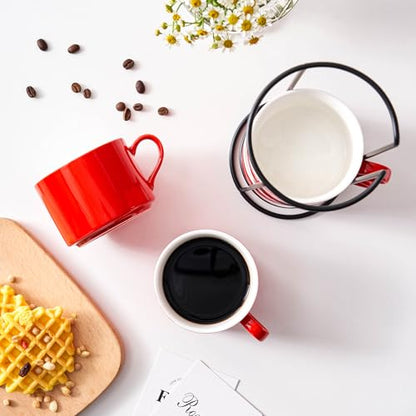 10oz Porcelain Stackable Coffee Mugs and Metal Stand Set of 4, Espresso Cups Set for Hot Drinks, Cappuccino, Tea-Red - color: Red