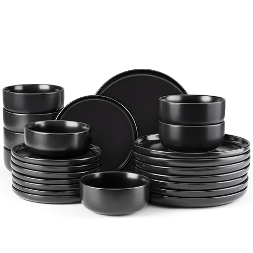 E-far Stoneware Dinnerware Sets for 8, 24-Piece Plates and Bowls Set, Modern Ceramic Dishes Dinning Ware, Microwave & Dishwasher Safe - Matte Black - color: Matte Black, size: Service for 8
